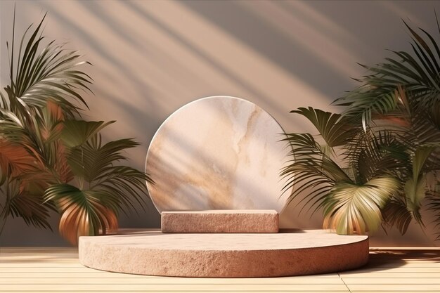 제품 디스플레이를 위해 잎을 가진 테라조 돌 포디움 태양 그림자 배경에서 생성 AI
