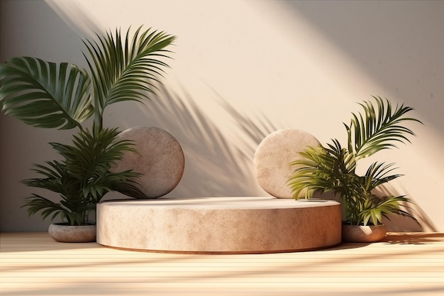 Terrazzo stone podium with palm leaves for product display Sun shadows in the background Generative AI