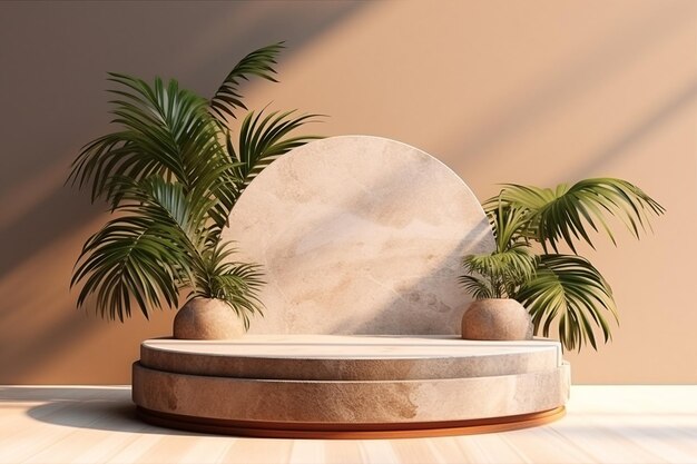 テラゾ石のポディウム製品展示用のパームの葉背景の太陽の影ジェネレーティブAI