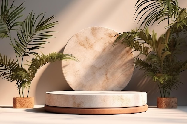 Terrazzo stone podium with palm leaves for product display Sun shadows in the background Generative AI