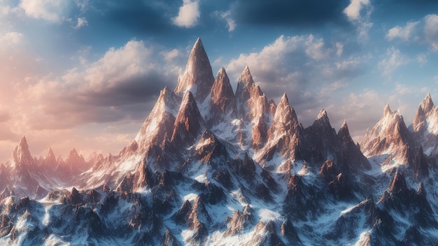 Terreinlandschap witte wolken achter de rotsachtige bergen 3d achtergrond