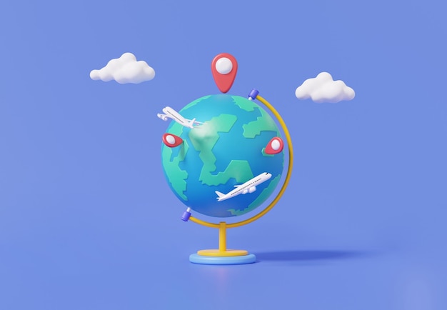 Terrestrial globe with flight airplane travel concept tourism plane trip planning world tour luggage Cartoon minimal pin map location clouds leisure touring holiday summer 3d render illustration
