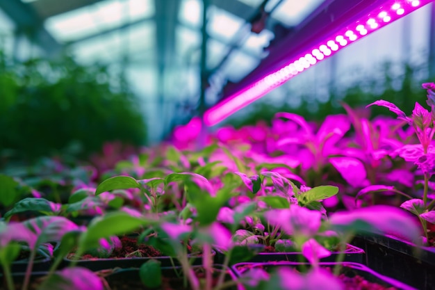 温室で紫色の光の下で繁栄する陸生植物