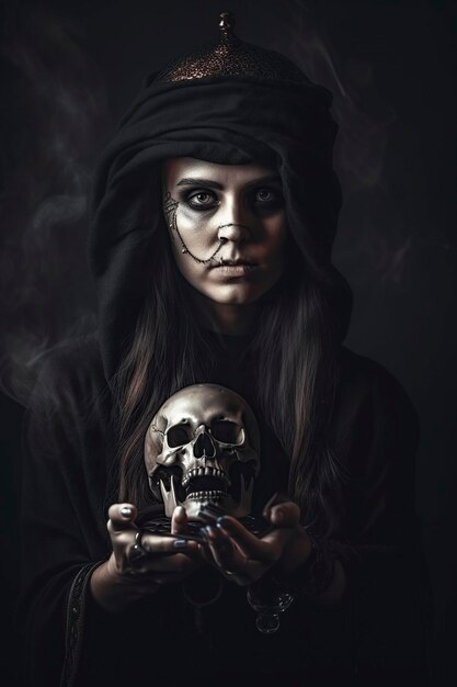 terrible black witch with a skull in a man39s hand