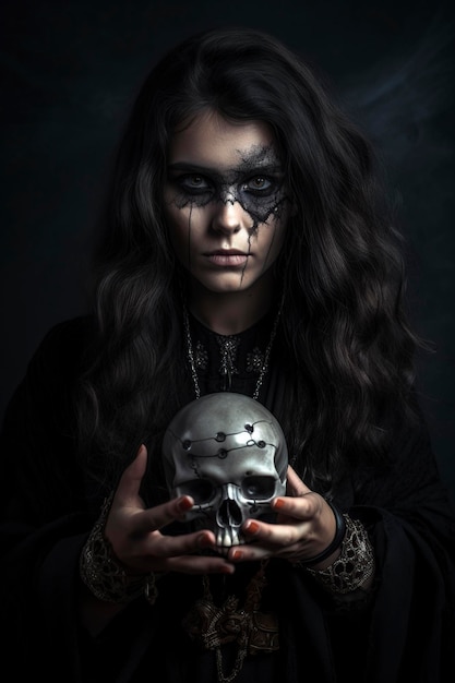 terrible black witch with a skull in a man39s hand