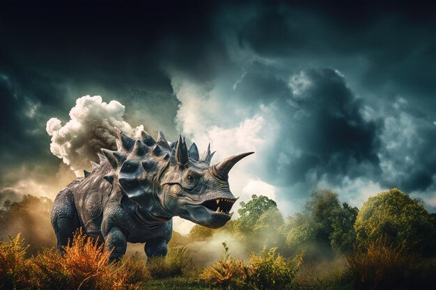 Photo a terrible dinosaur triceratops with an open huge mouth and powerful teeth prehistoric monster