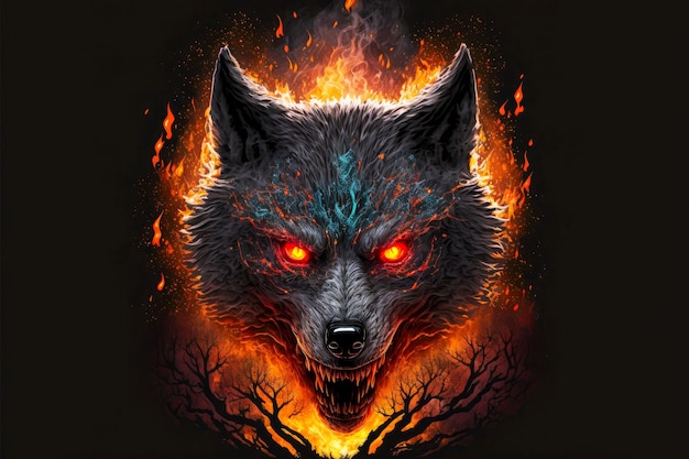 Terrible enraged wolf head with burning eyes in woods