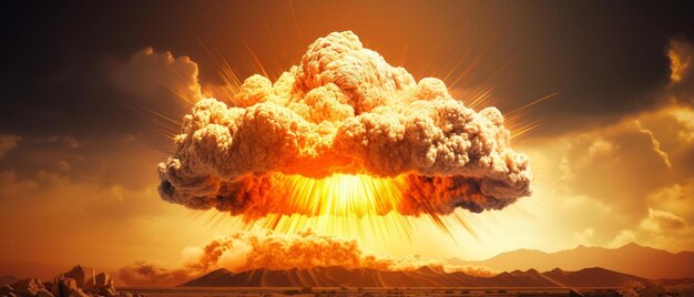 terrible explosion of a nuclear bomb with a mushroom in the desert hydrogen bomb test nuclear