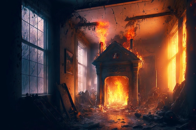 恐ろしい火が部屋と燃えている家の内部を飲み込んだ