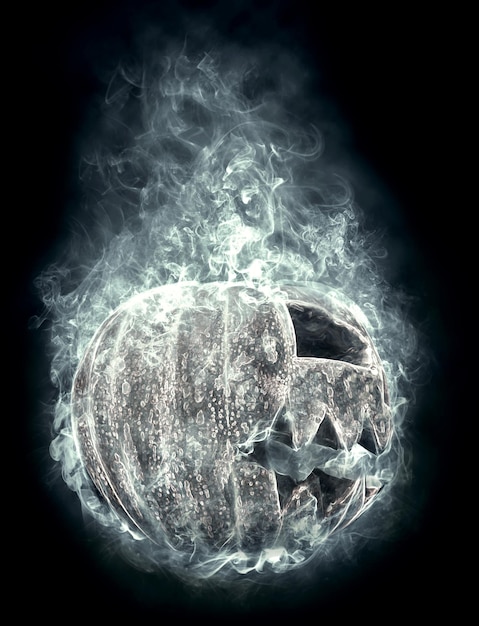 Terrible halloween pumpkin in the smoke, flying on a black background