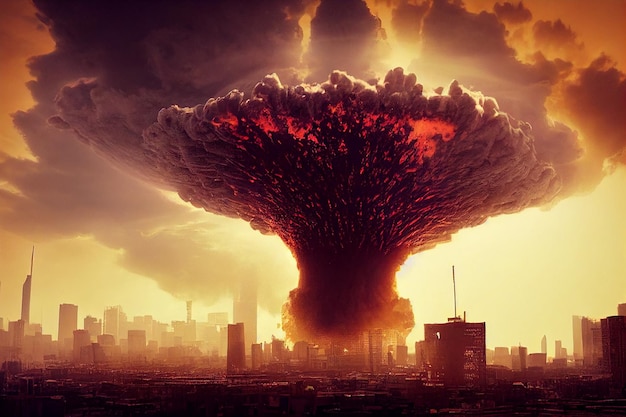 도시 3d 아트웍 묵시 그림에서 끔찍한 거대한 핵 폭탄 폭발