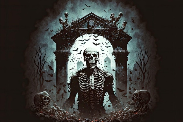 Ужасный скелет на кладбище рядом с черепами и руками, поднимающимися из могил