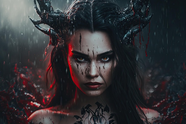Terrible witch woman devil with horns in forest Generative AI illustration