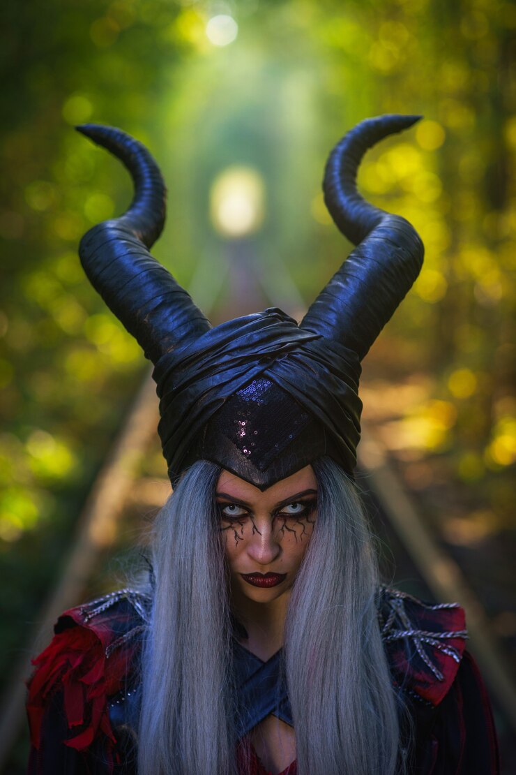 फोटो terrible woman with black horns silver hair amazing makeup in the tunnel of forest with rails close up