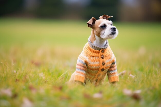 Terrier in a knitted sweater sitting on grass