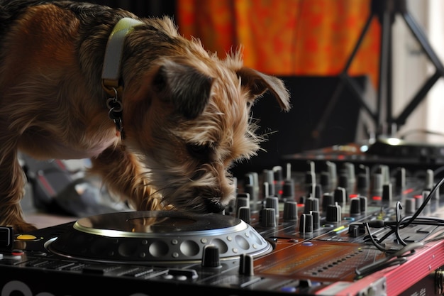 Terrier wearing wristband leaning over dj stand