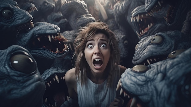 Photo terrified woman amid monsters