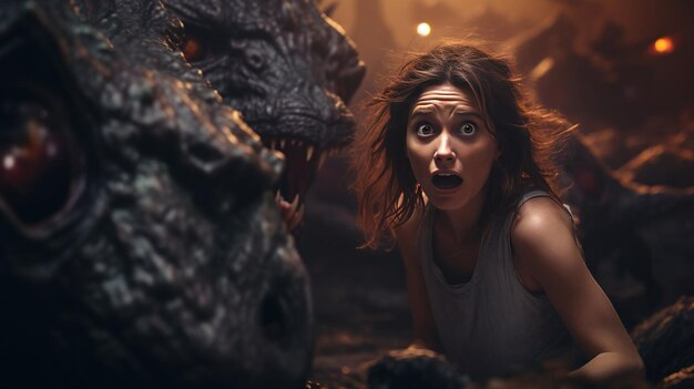 Photo terrified woman amid monsters