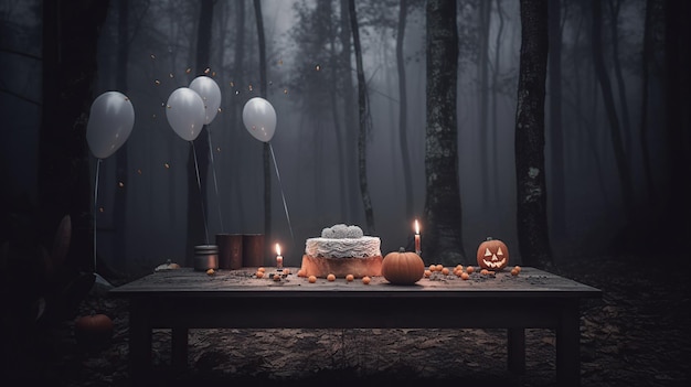 Photo terrifying background halloween table with melons in a scary forest