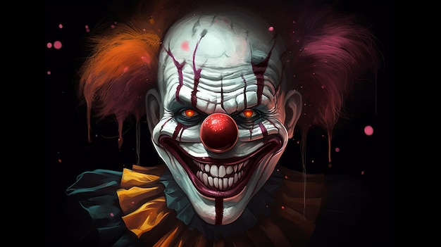 Ужасающая иллюстрация клоуна с желтыми зубами и смелым макияжем