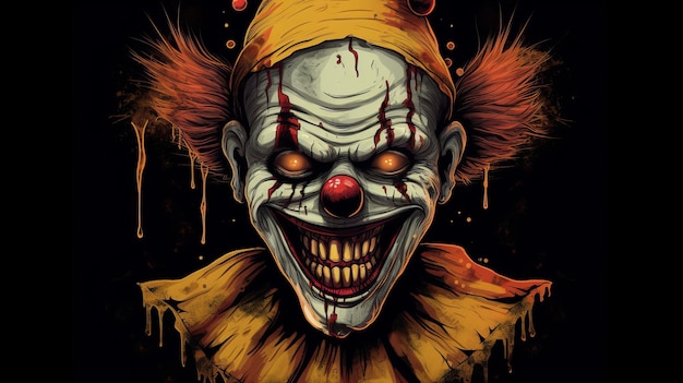 Photo terrifying clown illustration with yellow teeth and bold makeup