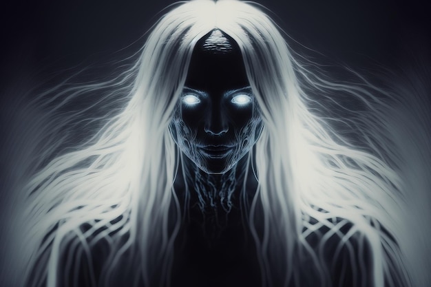 Terrifying ghost image with long hair and a lengthy face