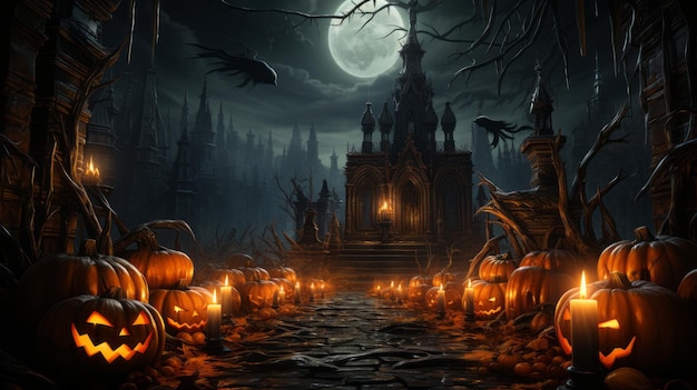 Terrifying Halloween scene with pumpkins