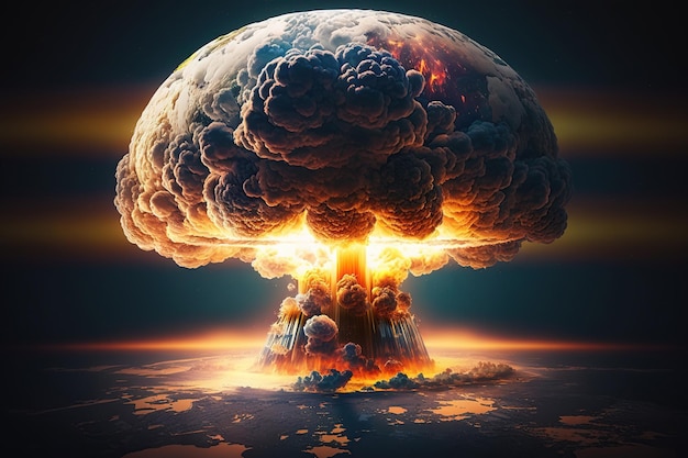 거대한 버섯구름과 파괴적인 폭발파에서 볼 수 있는 강렬한 에너지와 파괴적인 효과를 지닌 무시무시한 핵폭발 폭탄 행성의 핵전쟁 파괴