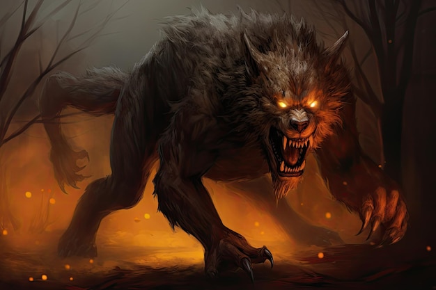 Terrifying werewolf in the forest with full moon