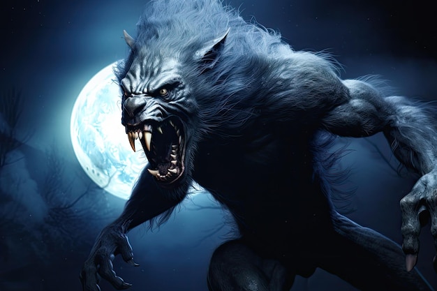 Terrifying werewolf in the forest with full moon