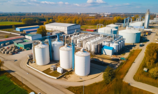 Foto territorio della grande industria dei silos agricoli nella periferia della città elevatori per lo stoccaggio del grano e locali dell'impianto dall'alto ai generativa