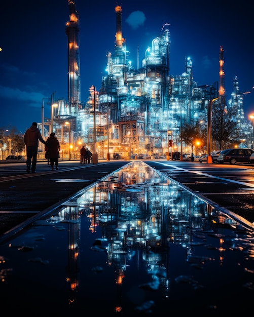 Territory of the industrial plant full of light People go to the factory at night Building reflecting in the puddle