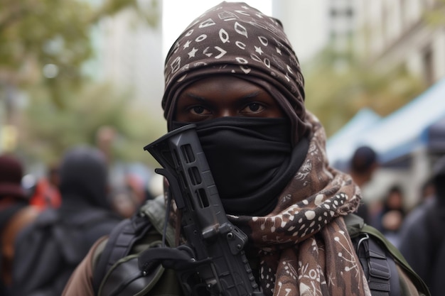 Foto terrorist in keffiyeh met een pistool