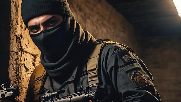 A terrorist in a military uniform and a skull balaclava holding a pistol and a knife and looks at th