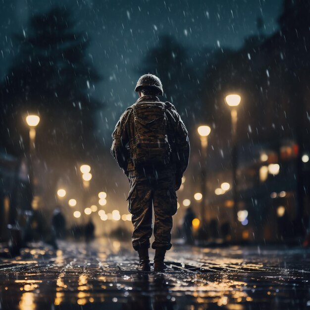 Photo terrorist in a stormy space with gas mask on his hand and weapons on his arm