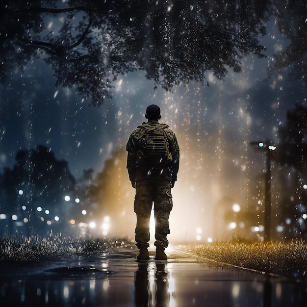 Photo terrorist in a stormy space with gas mask on his hand and weapons on his arm