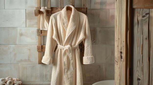 Photo a terry cloth spa robe cinched at the waist with a plush heavenly quality hanging on a wooden towel