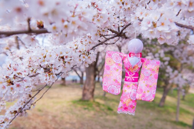 Teru teru bozu. bambola giapponese della pioggia appesa all'albero di sakura per pregare per il bel tempo