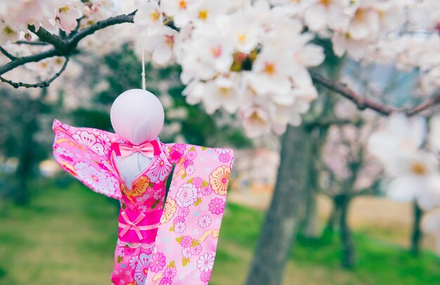 Foto teru teru bozu. bambola giapponese della pioggia appesa all'albero di sakura per pregare per il bel tempo