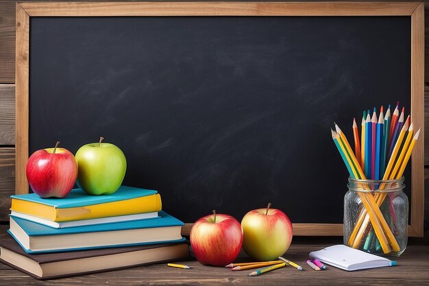 Terug naar school achtergrond met boeken potloden en appel over krijtbord en houten tafel