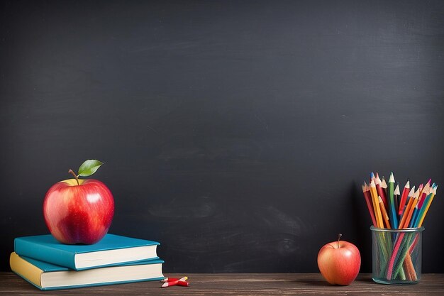 Terug naar school achtergrond met boeken potloden en appel over krijtbord en houten tafel