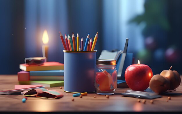 Terug naar school achtergrondconcept met kleurrijke briefpapier op houten tafel Generatieve AI