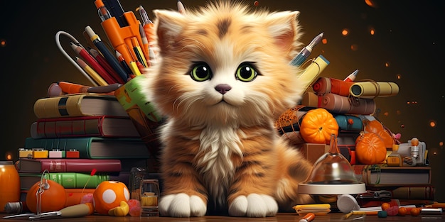Terug naar school Animal Kitty handgetekende stijl educatief thema Leuke karakters Generatieve AI illustratie