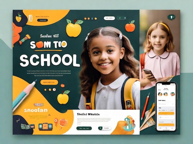 Foto terug naar school banner landing page sjabloon voor kinderen site met platte ontwerp tekens