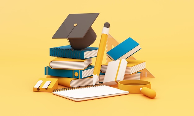terug naar school concept en graad prestaties uit het onderwijs minimale achtergrond voor online onderwijs concept boek met afstudeerhoed op kleur pastel achtergrond 3d rendering illustratie