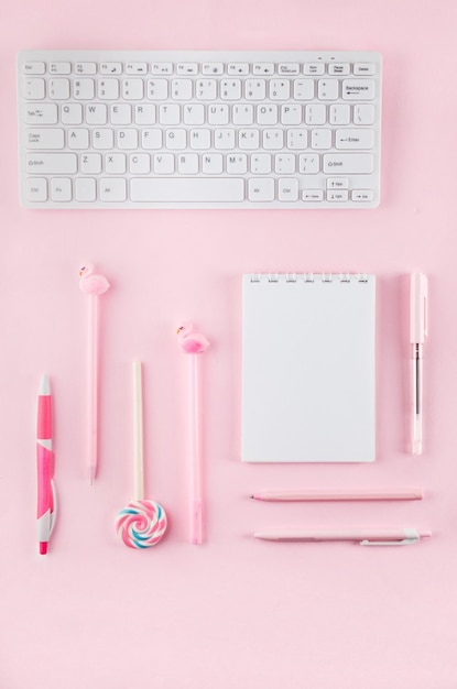 Terug naar school concept Etui met schoolbenodigdheden op roze Notebookpapier met toetsenbord