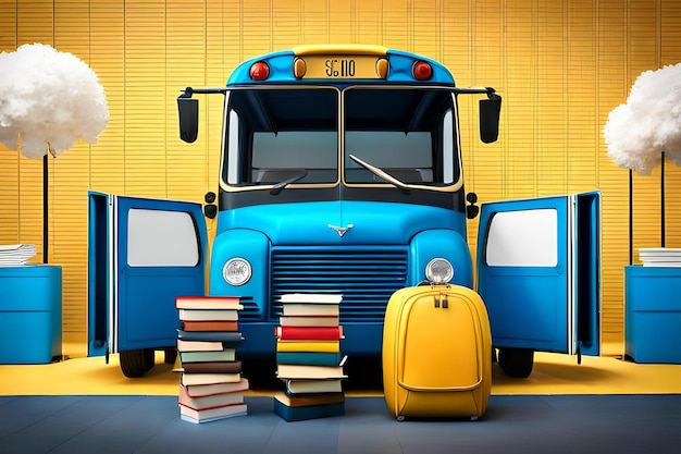 terug naar school Concept met school benodigdheden en apparatuur schoolbus met school accessoires en boo