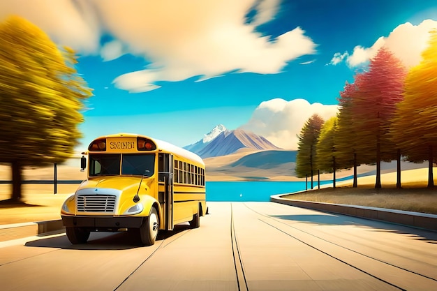 terug naar school Concept met school benodigdheden en apparatuur schoolbus met school accessoires en boo