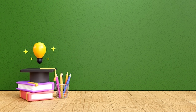 Terug naar school concept met schoolbord achtergrond onderwijs accessoire en briefpapier element lege kopie ruimte banner cartoon 3d illustratie