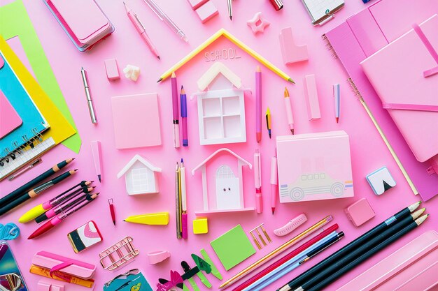 terug naar school concept school stationery accessoires op roze achtergrond